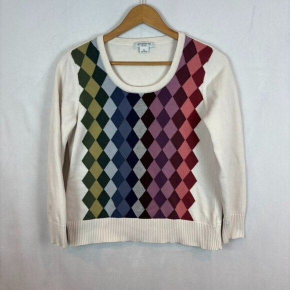 Liz Claiborne Women's‎ Colorful Argyle 100% Cotton Beige Sweater SZ Petite Large - Picture 1 of 12